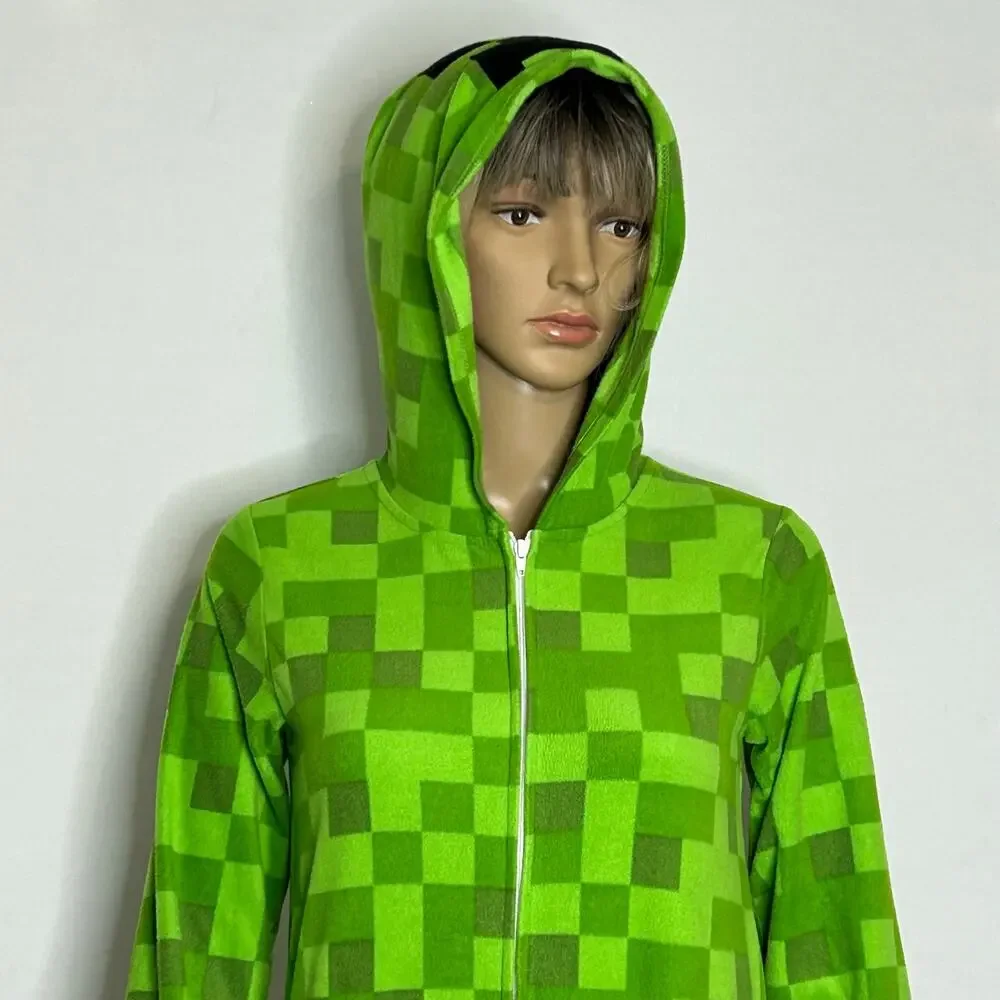 Minecraft Boys 10/12 Green Pixel Fleece Hooded One Piece Pajama Costume